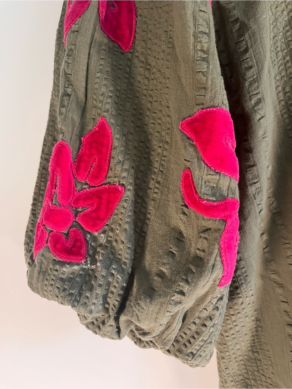 THML Olive Puff Sleeve Blouse with Pink Floral Appliqué W L Babydoll Cotton - Picture 3 of 9